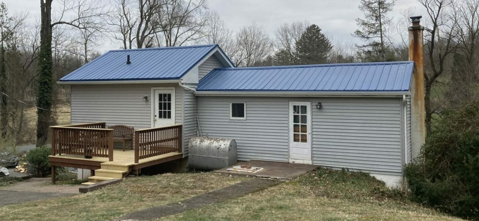 ABM corrugated metal, & Black vinyl shutters, Color: Textured Gallery Blue, Gilbertsville, PA, Montgomery Co., PA, Installed April 2022